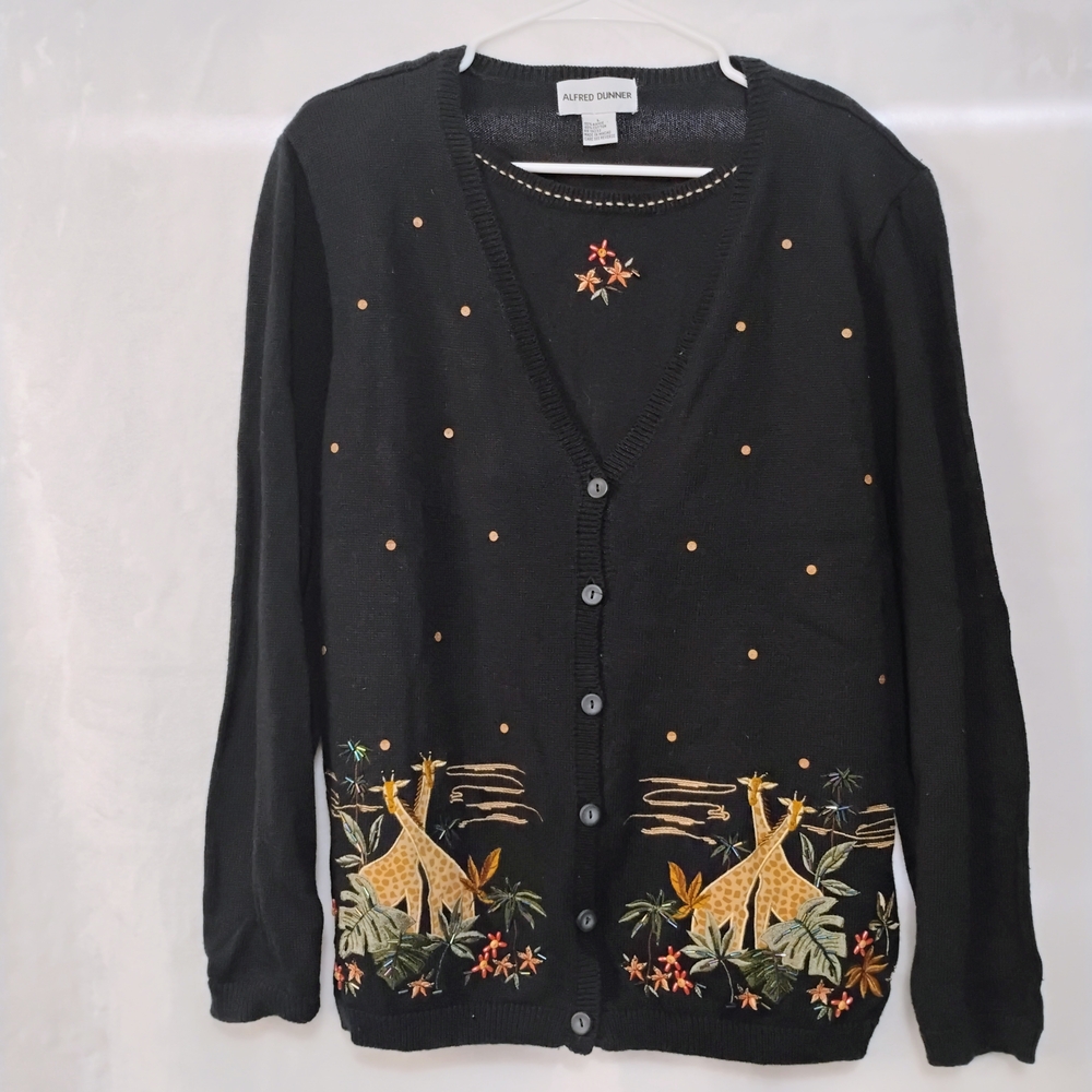 Alfred Dunner Womens Large Black Giraffe Embroidered Beaded Faux‎ Cardigan NWT E
